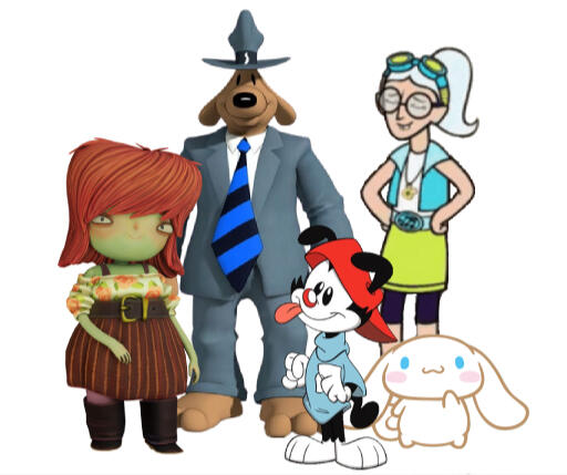 Sam Boole from Psychonauts 2, Sam from Sam and Max, Wakko Warner from Animaniacs, Rhyme from Wordgirl, and Cinnamoroll from Sanrio.