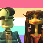 Sasha and Milla from Psychonauts with the trans4trans flag behind them.